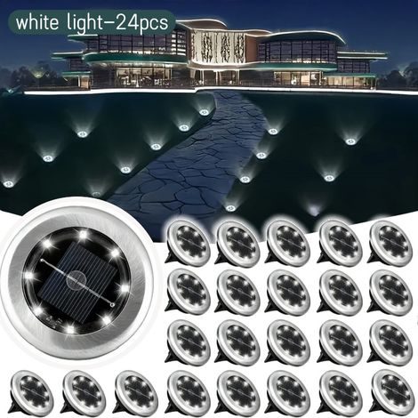 Lot de 24/16 lampes solaires de sol à 8 LED en acier inoxydable blanc, pour allées, jardins, cours et pelouses.-AquaForge (1/5)