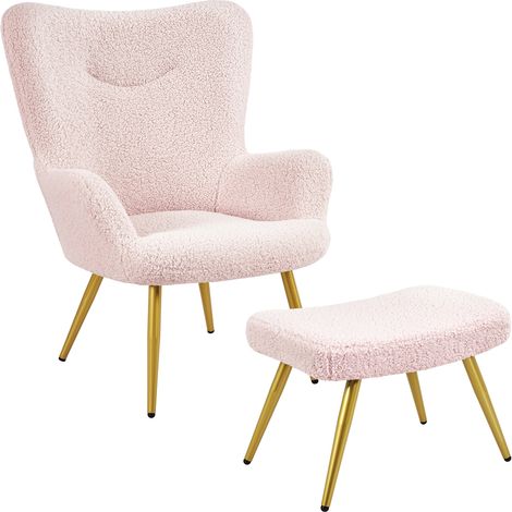 Yaheetech Set Poltrona da Salotto con Pouf Poggiapiedi in Tessuto Bouclé e Metallo Imbottita con Schienale Braccioli Rosa (1/5)