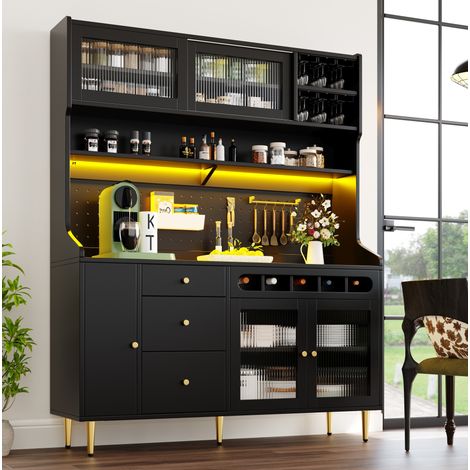 Hochschrank MDF/Glas schwarz 145 x 39 x 171 cm mit LED-Beleuchtung, Glasschiebetüren, Weinregal und verstellbaren Einlegeböden (1/5)