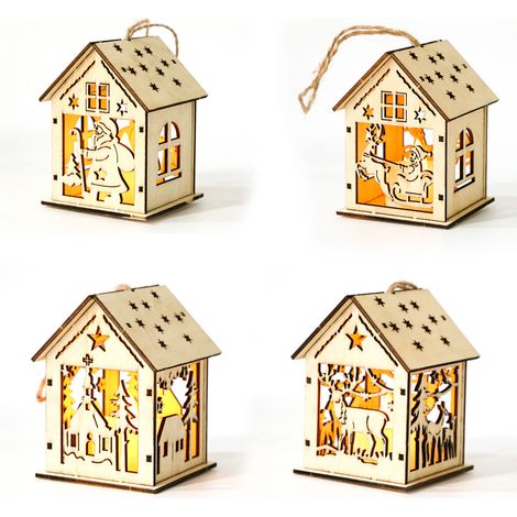 4 Décoration de Noël, Bois naturel, LED intégré, Gravure fine, Sapin de Noël et Maison (1/5)