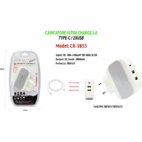 Trade Shop - ULTRA CHARGE 3.0 TYPE-C/2XUSB-LADEGERÄT FÜR SMARTPHONE 5V-3000MA MAXTECH CA-S033 -