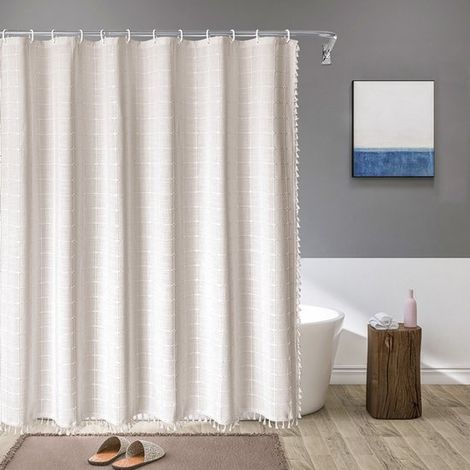 Rideau de douche à carreaux avec pompons - Rideau de douche - Rideau de douche anti-moisissure - Rideau de douche à carreaux avec pompons - Rideau de salle de bain - Polyester/lin - Beige - 183 x 213 (1/5)