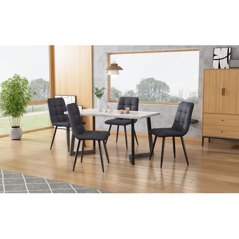Table à manger rectangulaire 117cm avec 4 chaises, ensemble salle à manger moderne, chaises en lin gris foncé, pieds noirs (1/5)
