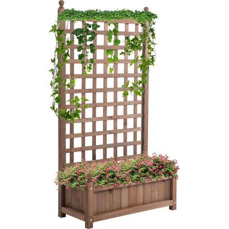 Hochbeet mit Rankgitter, Blumenkasten 64 x 28 x 120 cm, behandeltes Tannenholz, inklusive Bewässerungseinsätze