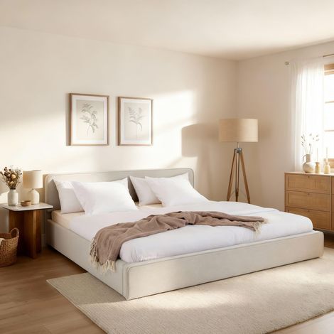 Lit Double LATINI rembourré 160x200, Tête de lit en Tissu Gris Clair, Lit Queen Size 2 Personnes avec Sommier à Lattes Inclus, Tête Réglable en Hauteur, Design Moderne (1/5)