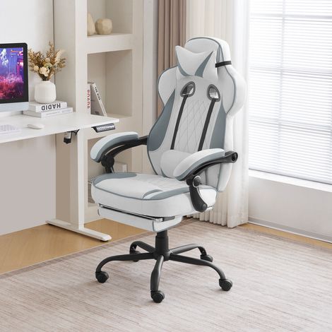 WOLTU Gaming Stuhl Ergonomisch Bürostuhl mit Taschenfederkissen, breiter Sitz Fußstütze Computerstuhl Gamingstuhl 150 kg Belastbarkeit, 360° Grad Drehbar, Leathaire-Stoff, Blau+Weiß (1/5)