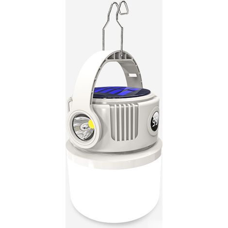 Lampe de camping solaire rechargeable, lanterne et lampe torche à double source lumineuse, 2 batteries de 2400 mAh, chargement USB-C et solaire, 4 modes d'éclairage, indicateur de niveau de batterie, (1/4)