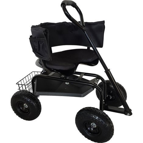 Relaxdays mobile garden seat, height-adjustable, 150 kg, storage, handlebar, cushion, backrest, garden trolley, black