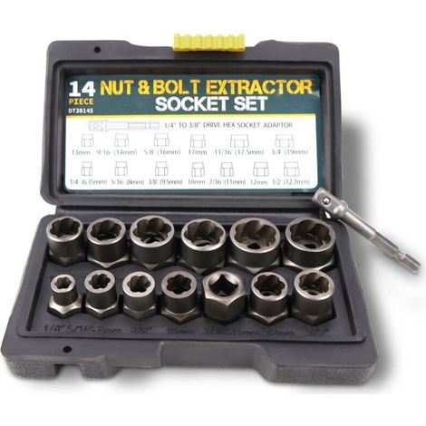 Lot de 14 extracteurs d'écrous – Acier au carbone élevé – Adaptateur hexagonal inclus – Pour vis et écrous endommagés (1/5)