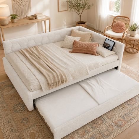 Daybett, 140200cm Tagesbett, Schlafsofa, Bett mit Lattenrost (ohne Matratze), mit Nachttischlampe, mit multifunktionalem Ausziehbett, USB-Anschluss, Typ-C, Komfortmaterial, Vliesimitat, Weiß (1/5)