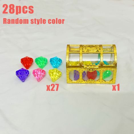 Ensemble de pierres précieuses en cristal acrylique (28 pièces), 1 coffre au trésor + 27 diamants avec trous, jouets de plage et de piscine pour enfants, décoration en cristal, styles aléatoires (1/5)
