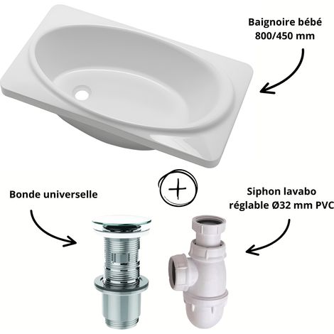 Pack baignoire bébé 800x450 mm – Bonde universelle Cut&Click – Siphon réglable Ø32 en PVC – Installation rapide et hygiénique – Sanindusa