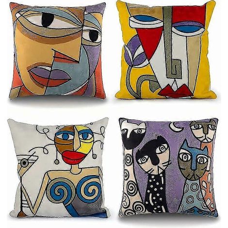 Ensemble de 4 housses de coussin Picasso 45 x 45 cm, en coton et lin brodés, pour canapé, salon, chambre, bureau ou fauteuil, style scandinave. (1/5)