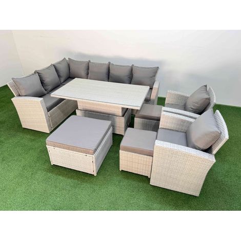 Fimous 11 Seat Rattan Outdoor Garden Furniture Corner Sofa Set Adjustable Lifting Dining or Coffee Table Set with 3 Footstools Light Grey (1/5)