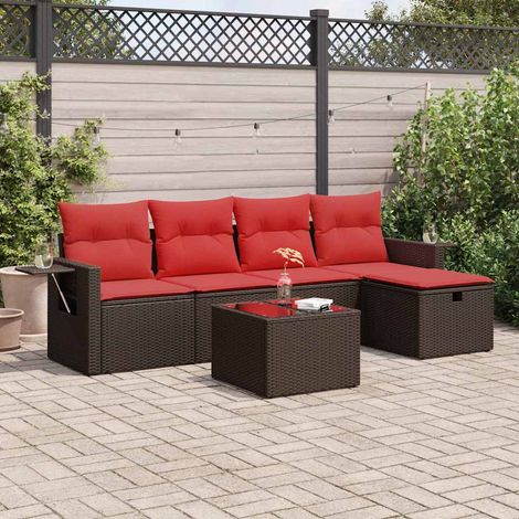 Set sofás de jardín 6 piezas y cojines ratán sintético marrón
