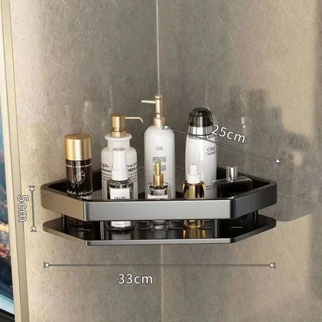 (Noir simple 1) Étagère d'angle sans perçage pour salle de bain, étagère murale de douche, support en aluminium, accessoire de rangement pour salle de bain et cuisine (1/5)