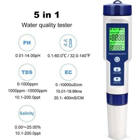 Ph-mètre Testeur PH Electronique, Testeur Eau Piscine 5 en 1 avec Rétro-éclairage, PH/TDS/EC/Salinité/TempmèTre avec ATC, PH Metre Haute Précision de Résolution 0.01, pour Eau Potable, Aquarium (1/4)