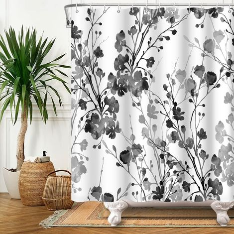 180x180cm Noir Blanc Plante Rideau De Douche Peinture à L'Encre Prunier PêChe Fleur Impression Rideau De Bain éTanche Baignoire Rideau Printemps Paysage Rideaux De Douche (1/5)