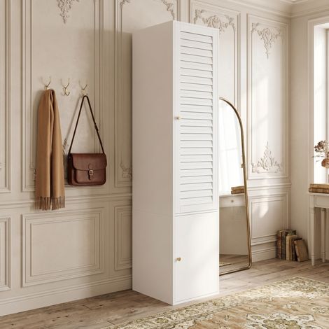 Armoire étroite à porte persiennée, penderie et 3 compartiments, blanche, 45 x 50 x 200 cm (1/5)