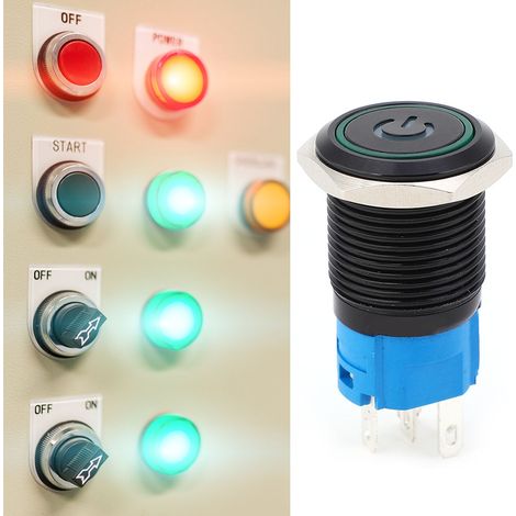2 interrupteurs métalliques autobloquants noirs, protection IP65, avec voyant LED et symbole, 16 mm (vert, 220 V CA) (1/5)