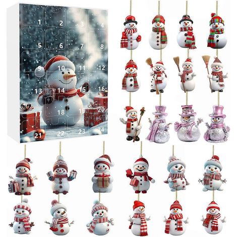 Compte à rebours de Noël de 24 jours, décorations plates en acrylique 2D, pendentifs en forme de chapeau de bonhomme de neige de styles variés, boîte surprise (1/5)