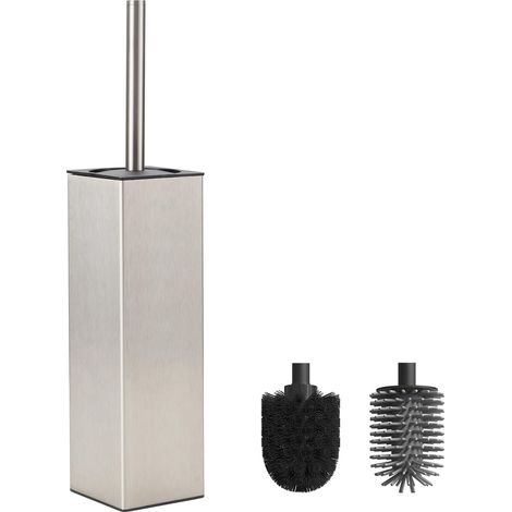 Brosse Toilettes WC Metal Argenté Incluant 2 Têtes de Brosse, Balai WC Carré Autoportant pour la Salle de Bains (1/5)