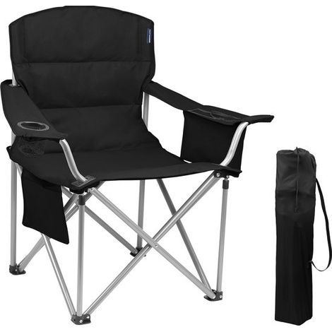 Chaise de camping pliable XL - Confortable et pliable - Charge maximale : 150 kg - Porte-gobelet - Compartiment isotherme - Chaise de pêche - Noire (1/5)