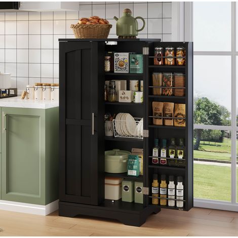 Aparador de cocina 60x40x120,5 cm con iluminación LED y 2 puertas con estantes y compartimentos de puerta ajustables, en MDF, negro (1/5)