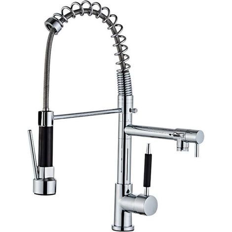 Kitchen sink faucet with pull-out spray head, mixer tap, vanity faucet, double-handle brass countertop kitchen sink faucet, chrome finish (1/4)