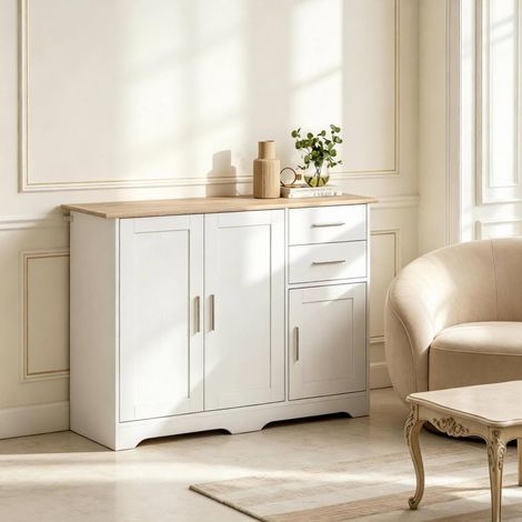 CHICFURN Mueble aparador de salón con 2 cajones y 2 armarios, balda regulable, estilo blanco y madera clara, para comedor, cocina o recibidor, 100 x 40 x 78 cm (1/5)