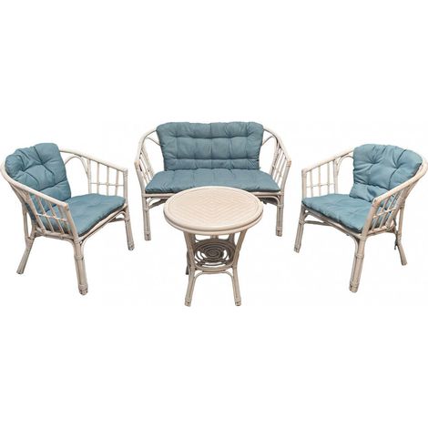 Salotto da esterno 4 posti con cuscini imbottiti e struttura in legno wicker con tavolino - Bianco e azzurro
