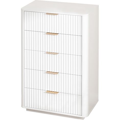 Commode 5 tiroirs, meuble de rangement blanc moderne avec poignées métalliques, commode de chambre robuste en MDF pour salon et couloir – dispositif anti-basculement inclus (1/5)