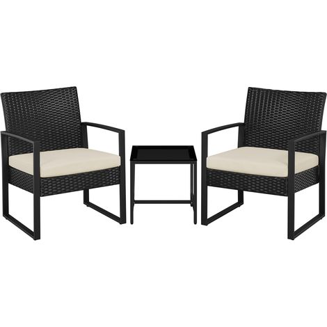 Yaheetech Set Mobili da Giardino in Poly Rattan 2 Sedie e Tavolino da Balcone con Cuscini Esterno Interno Nero/Beige (1/5)