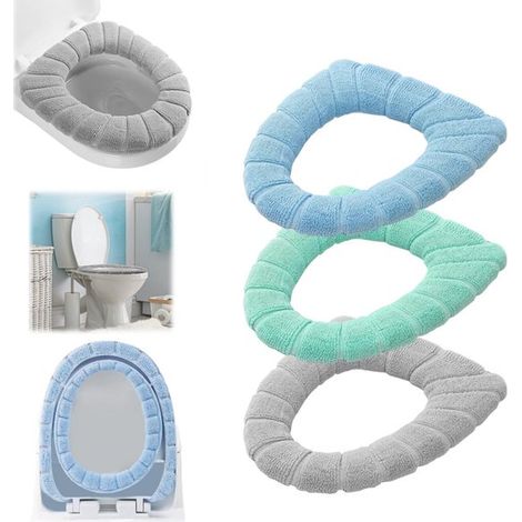 Lot de 3 housses de siège de toilette lavables et en fibre acrylique chaude. Coloris : bleu, vert et gris. Housse élastique universelle pour sièges de toilette en forme de O, U et V, antidérapante, po (1/5)