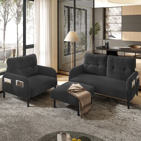 4-Sitzer-Samtsofa-Set mit geradem Sofa, Sessel, Hocker, seitlicher Tasche, Grau