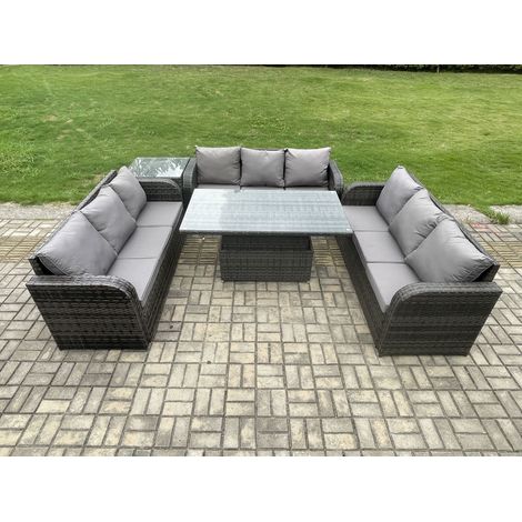 Fimous Patio Garden Dining Set Outdoor Rattan Furniture Lounge Sofa Height Adjustable Rising lifting Table With Side Table Dark Grey Mixed (1/5)