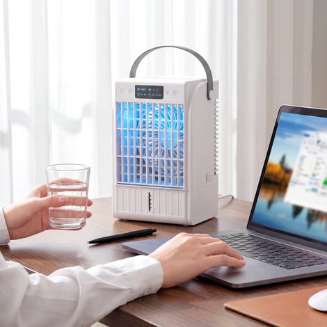 Condizionatore d'aria portatile, mini raffrescatore d'aria 4 in 1, 4 velocità, 2 modalità di nebulizzazione, illuminazione a LED RGB, bianco
