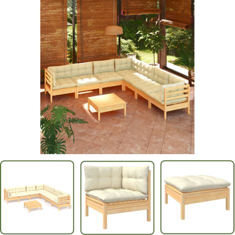The Living Store 8-tlg. Garten-Lounge-Set mit Creme Kissen Massivholz Kiefer - Gartengeräte - Gartenmöbel - Lounge Set - Esstisch - Outdoor Möbel (1/5)