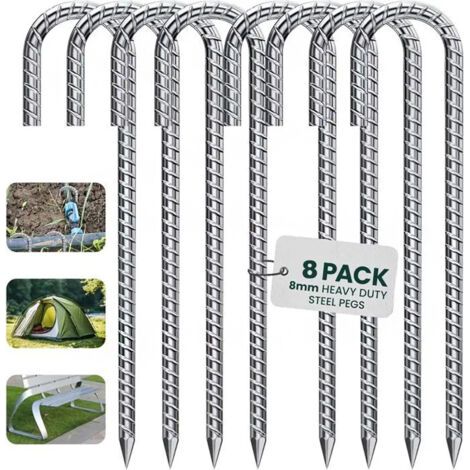 FENOPLASTICALot de 8 Sardines de Fixation Résistants - 30 cm Ancrages au Sol en Acier Galvanisé - avec Crochet en J pour Tente, Trampoline