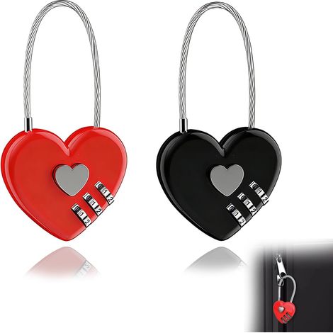 Cadenas 3 chiffres cœur valise sac voyage câble acier flexible 2 pièces par lot, câble acier 3mm, code 3 chiffres, dimensions 40×38mm, fermeture sac valise armoire, design forme cœur (1/5)
