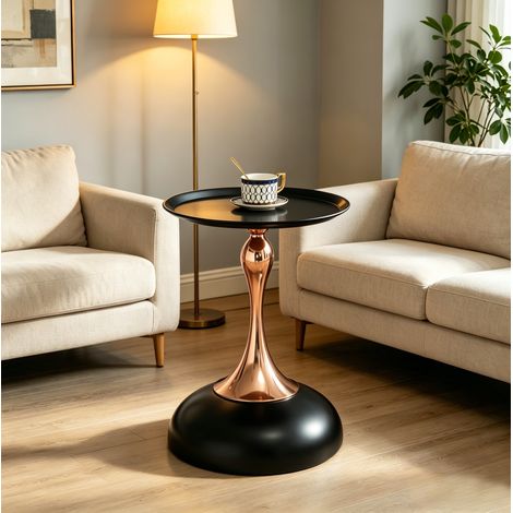 Runder Couchtisch, Metalltablett und Gestell, für Wohn- und Schlafzimmer, 44 × 41 × 20 cm, Kohlenstoffstahl, Schwarz und Gold (1/5)