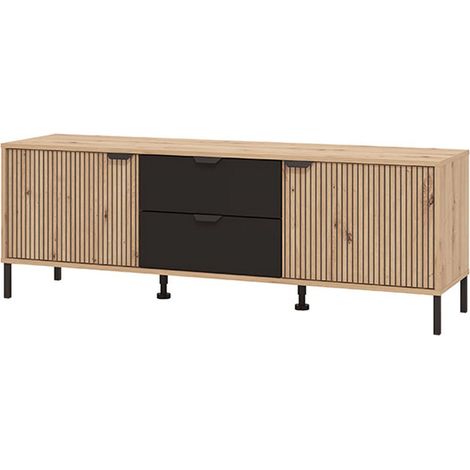 TV-Lowboard Raiano, 2 Schubladen, ein Regalboden, 2 Türen, 157x40x55h cm, Braun Eiche Astknoten
