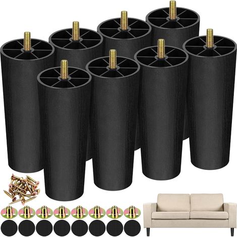 Lot de 8 pieds de meubles en plastique de 15 cm avec vis à écrou en T M8, pieds coniques de remplacement pour canapés et chaises, pour le bricolage