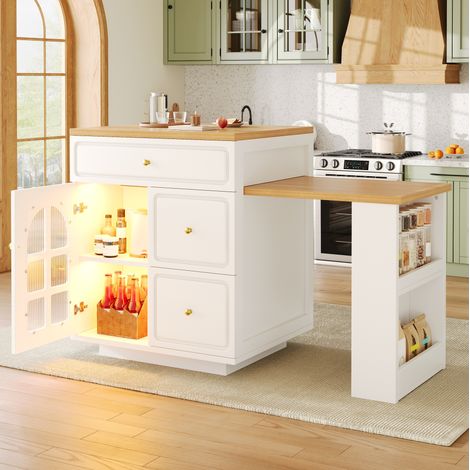 Îlot de cuisine extensible 122,5-195,5 cm avec LED RGB, tiroirs et vitrine, blanc DESVIAE (1/5)