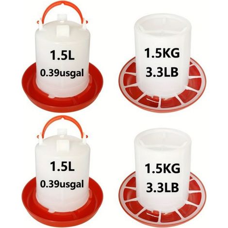 4pièces, Ensemble mangeoire et abreuvoir pour poules, Distributeur de céréales de 1.5 kg, Seau d'eau de 1.5 L (1/4)