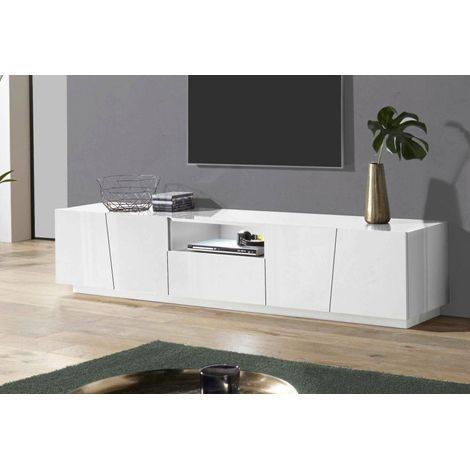 Dmora Mueble para TV para salón, Made in Italy, mueble para TV con 4 puertas y 1 cajón, 220x43h46 cm, color blanco brillante, con embalaje reforzado (1/5)