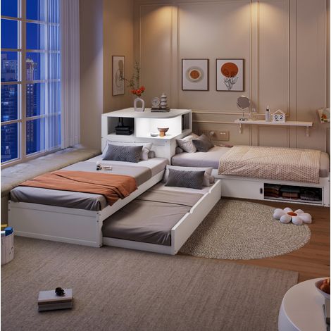 Lit enfant 90x200 en L avec lit gigogne, rangement à portes coulissantes et veilleuse, blanc DESVIAE (1/5)