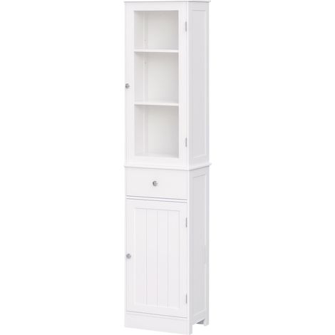Armoire de salle de bain haute et étroite, avec étagères réglables et tiroir, idéale pour les petits espaces. Style moderne, 40 x 27 x 171,5 cm, blanche. (1/5)