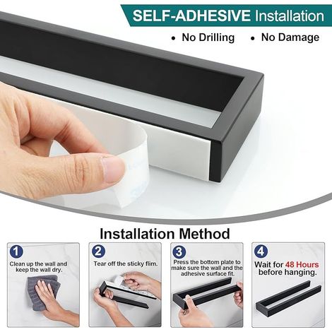 Porte Serviette Salle de Bain sans Perçage, Adhesif Porte-Serviettes Murale à Coller, Design Moderne Noir Mat pour Cuisine Lavabo Toilette, SUS304 Acier Inoxydable, 40CM (1/4)