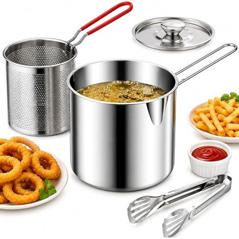 Ensemble 4 pièces - Friteuse avec panier - Friteuse - Acier inoxydable - Mini friteuse avec poignée - Pince de cuisine incluse - Durable - Idéale pour frire frites, poisson et poulet - Argent (1/5)